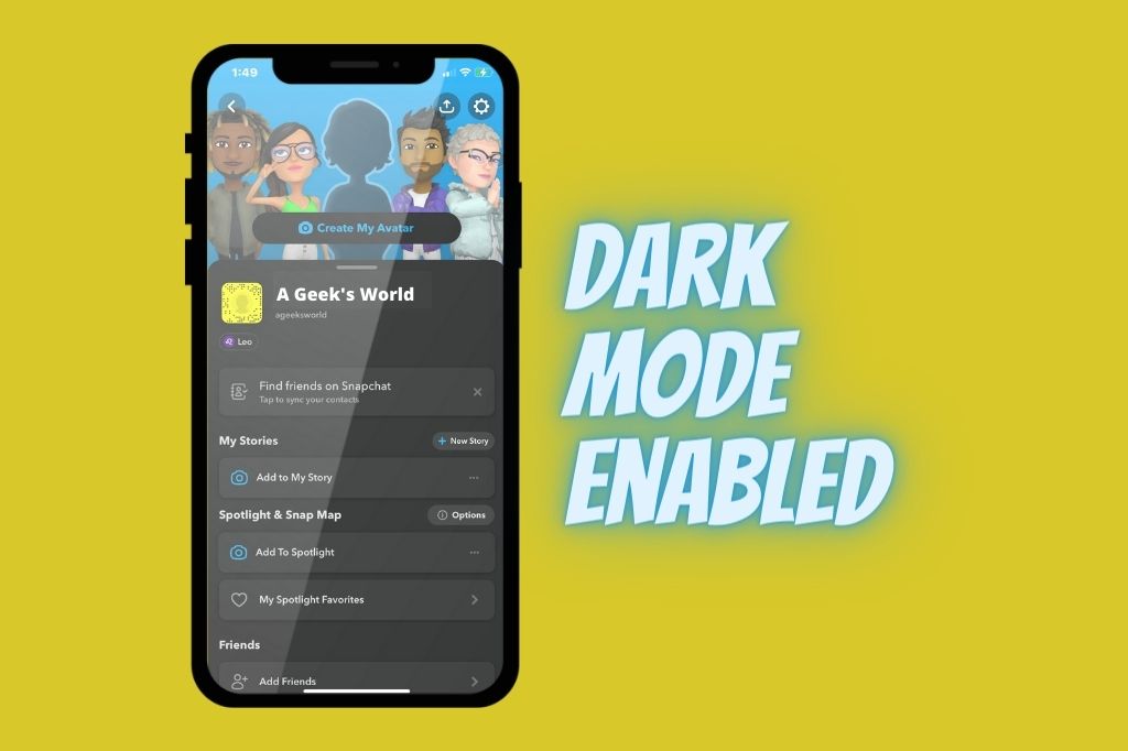 SnapChat dark mode enabled on an iPhone