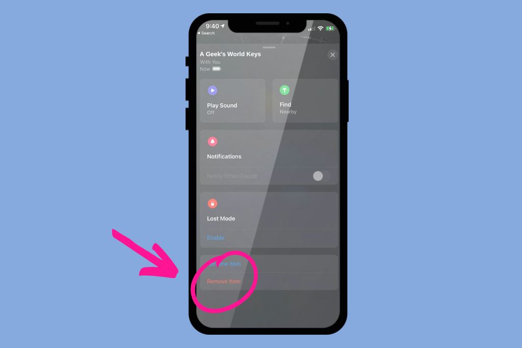 image of the Find My app that highlights the Remove Item feature