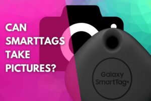 image of a Samsung Galaxy SmartTag+ and a camera icon with a title that reads can SmartTags take pictures