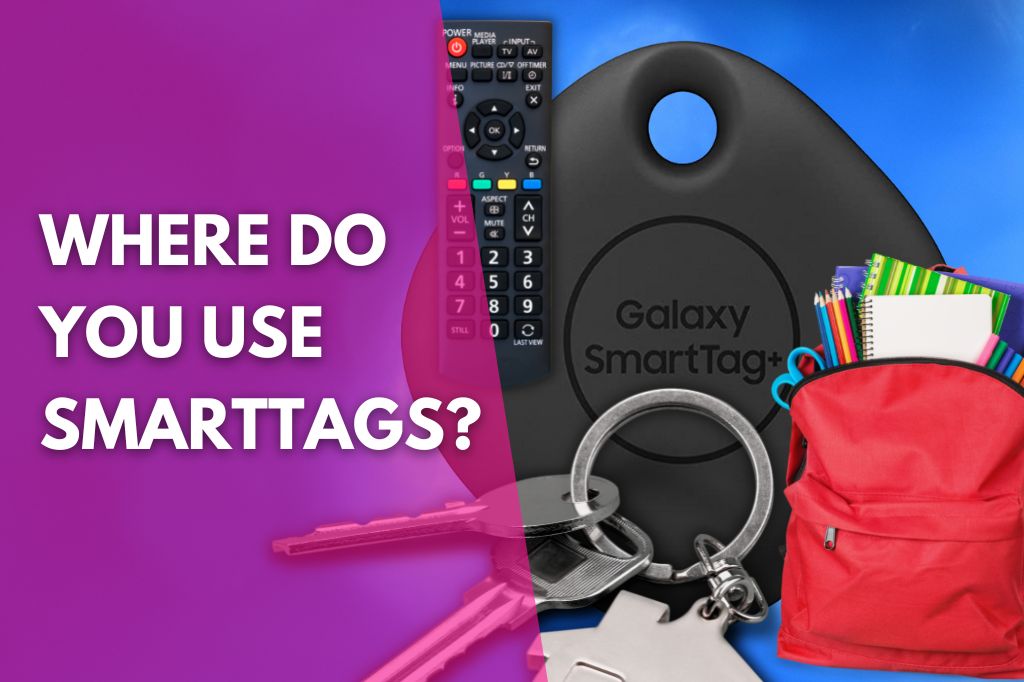 Image of a black Samsung Galaxy SmartTag with a title that reads where do you use SmartTags