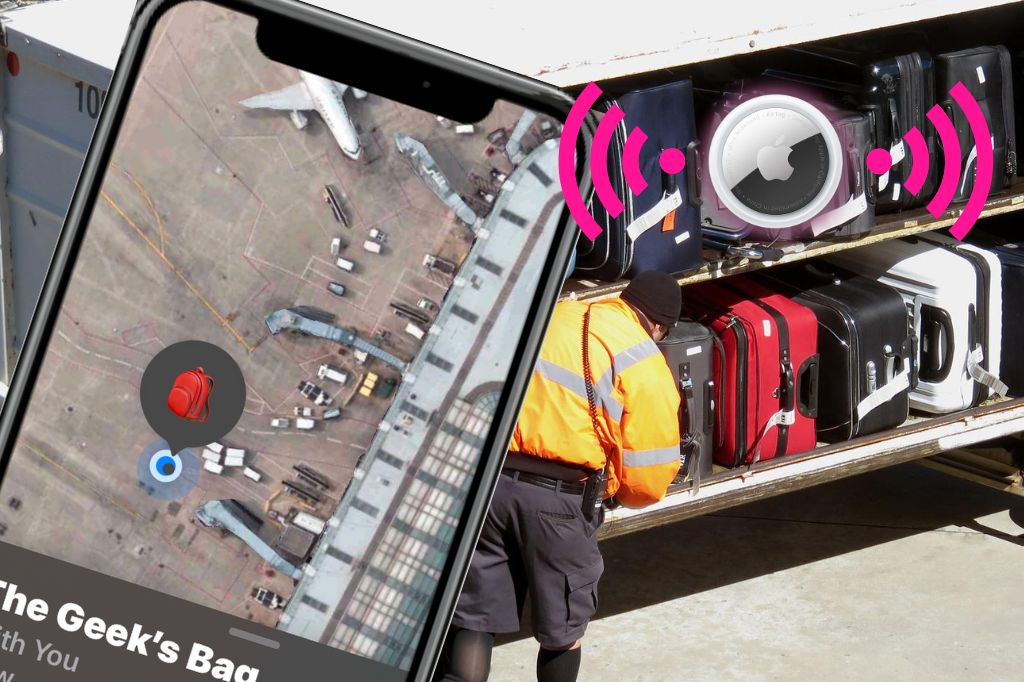 image of a airport baggage cart being unloaded with an AirTag and its location showing in the Find My app