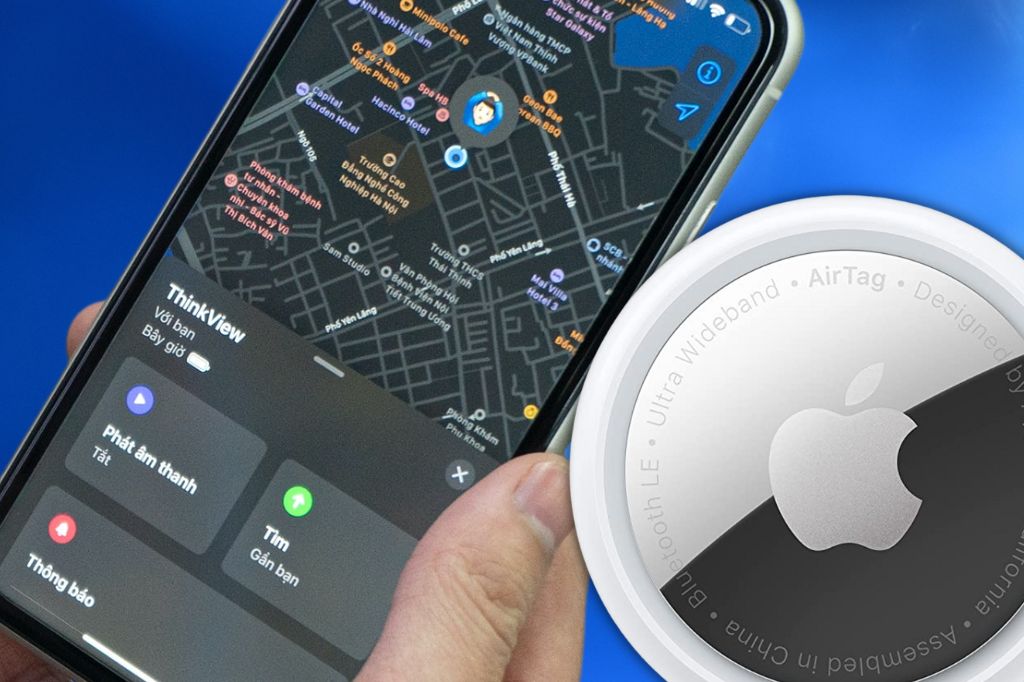 image of an Apple AirTag and the Find My app on an iPhone