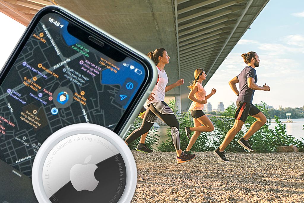 image of an Apple AirTag and Find My app on an iPhone and a group of three runners