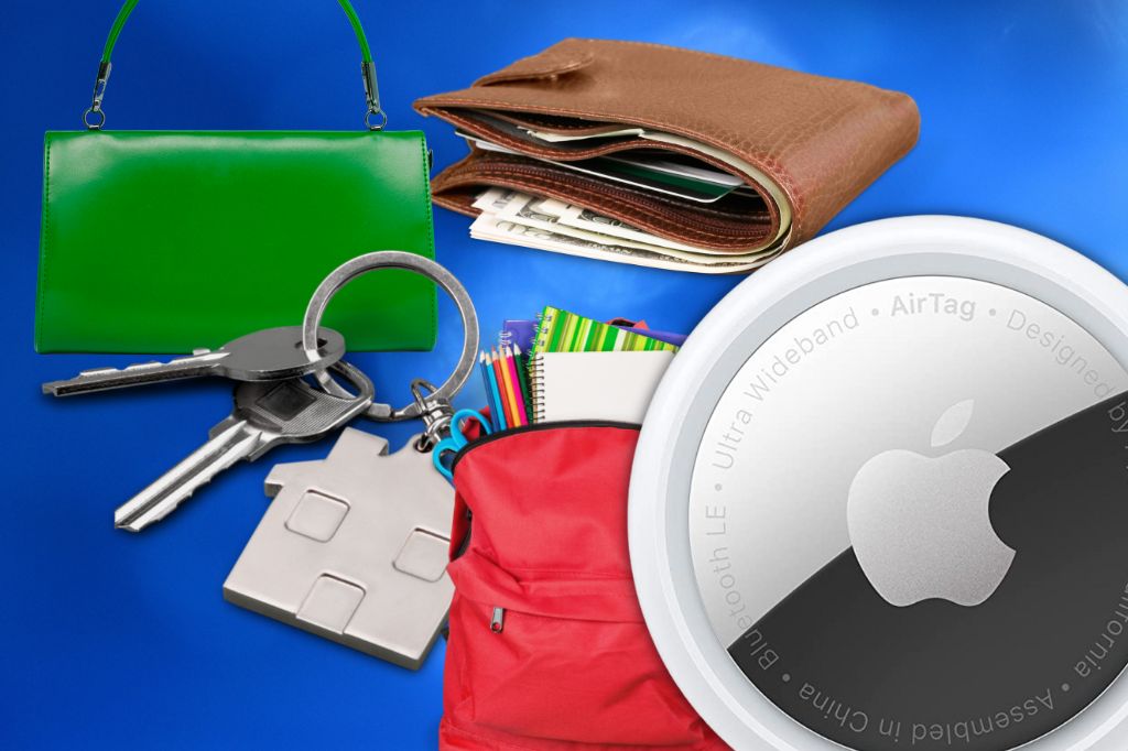 image of an AirTag, keys, brown leather wallet, red backpack, keys and a green handbag