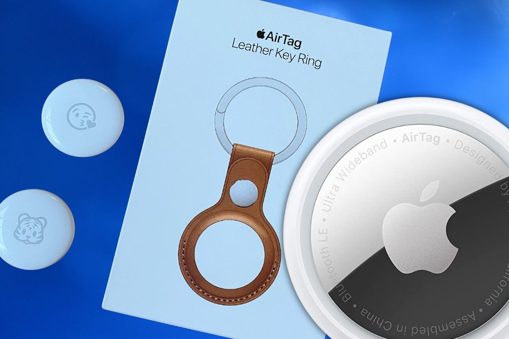 image of Apple AirTags and an Apple AirTag brown leather key ring box
