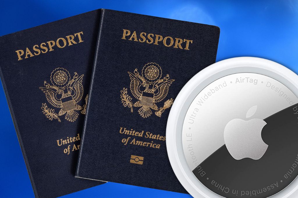 image of an Apple AirTag and two United States of America passports