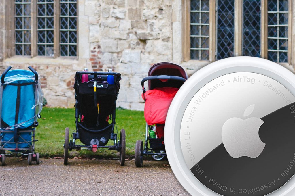 image of an Apple AirTag and three baby pushchairs