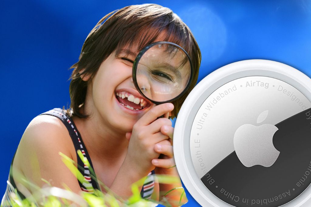 image of an Apple AirTag and a kid with a magnifying glass