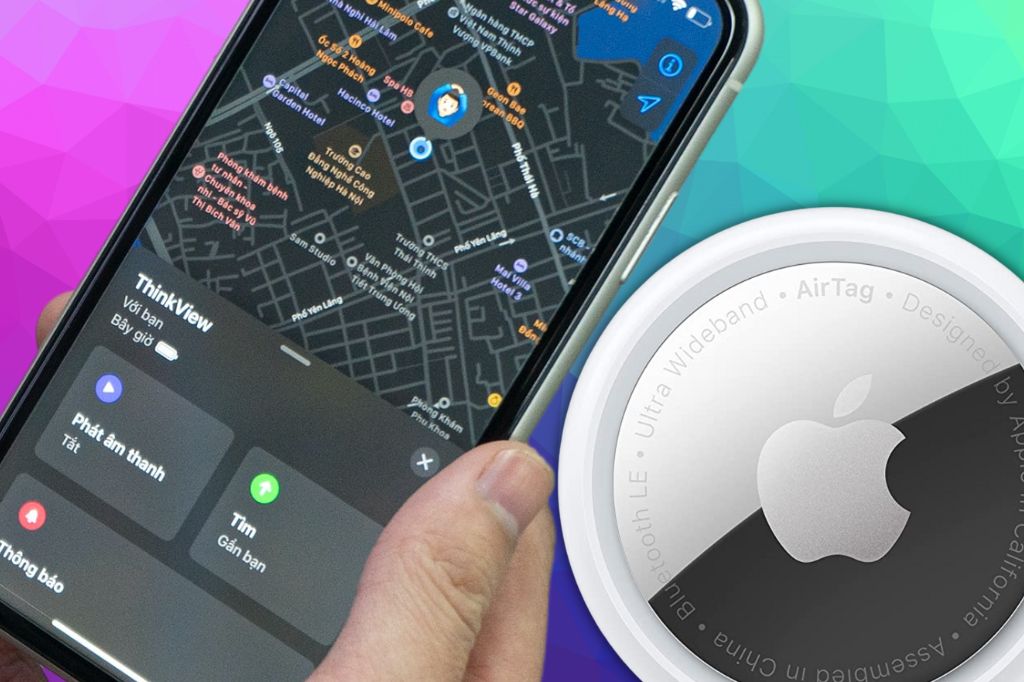 image of an Apple AirTag and its location displayed on the Find My app on an iPhone