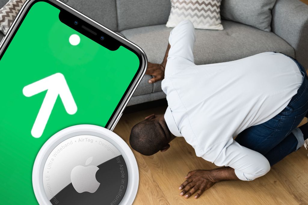 image of a man looking for something under a sofa and an image of Apple Precision Finding on an iPhone