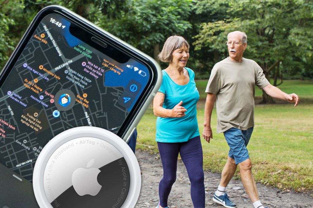 man and woman walking in a park with an image of an AirTag with its location displayed on the Find My app