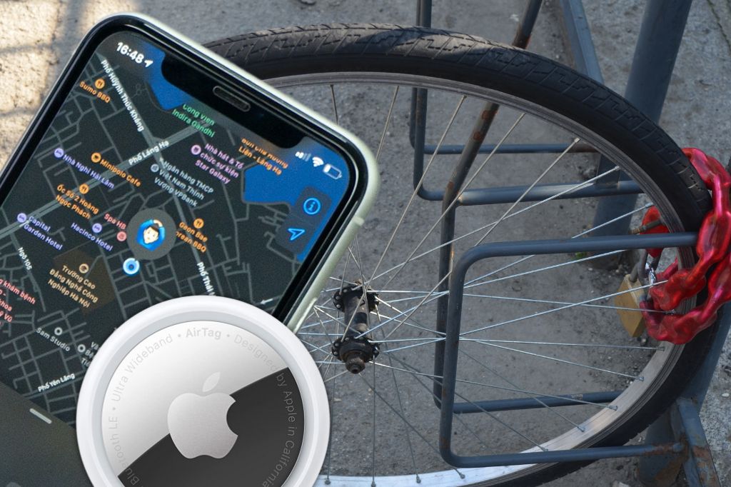 image of an Apple AirTag showing the location in the Find My app and an image of a bike wheel locked