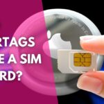 image of a woman holding a cell phone SIM card over an Apple AirTag and a title that reads do AirTags use a SIM card