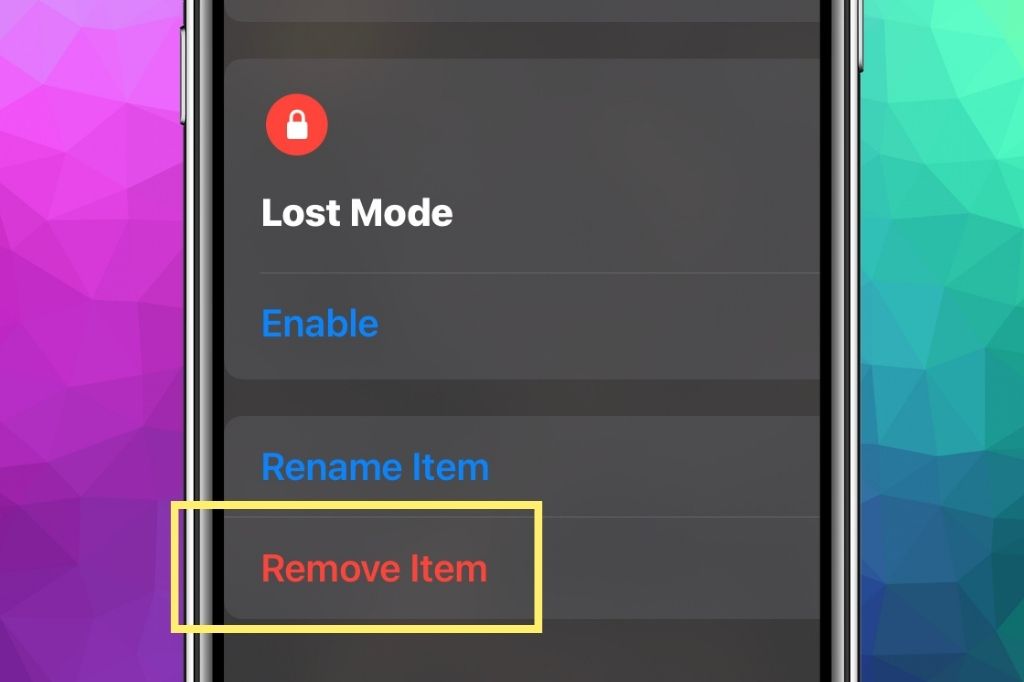 image of Find My app showing the option to Remove Item